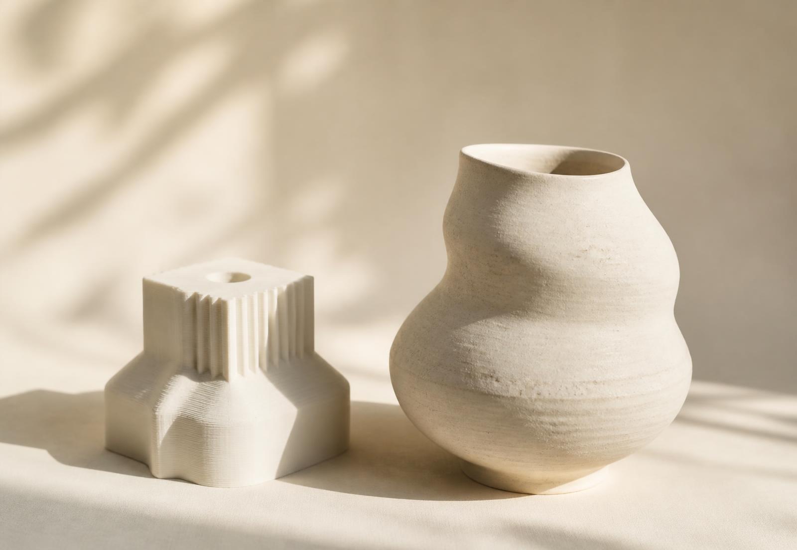 A 3D-printed geometric form beside a hand-made stoneware vessel in daylight